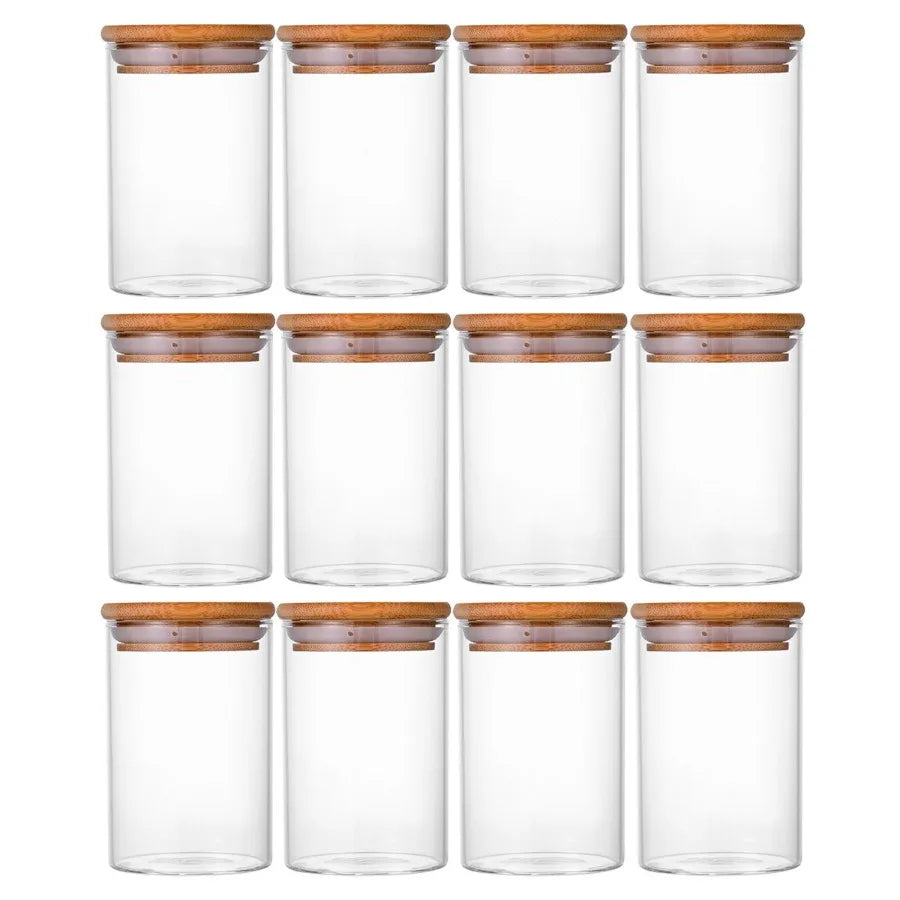 12 Pcs Round Spice Jars with Bamboo Lids and Stickers Glass Storage Jars