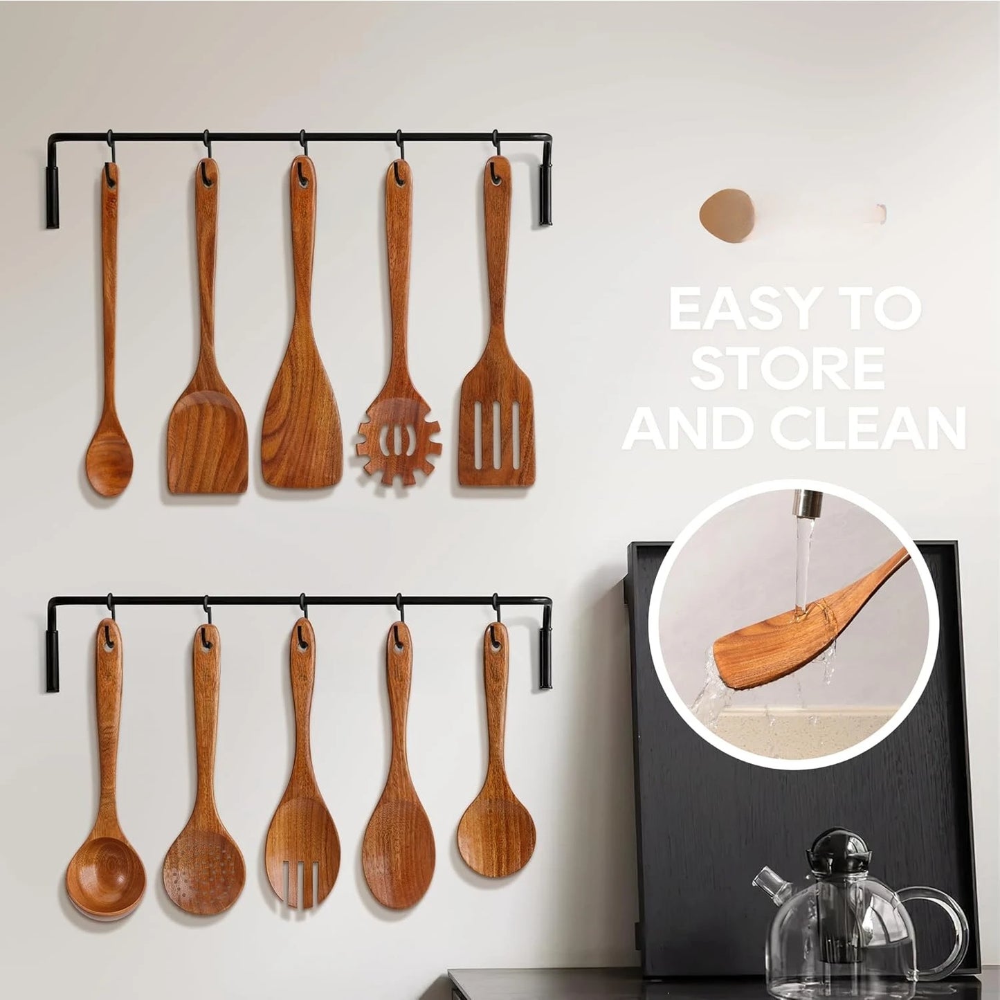 Teak Wooden Cooking Utensils Set, 10 Piece Premium Kitchen Cookware, Non-Scratch Wooden Spoons for Cooking, Perfect for