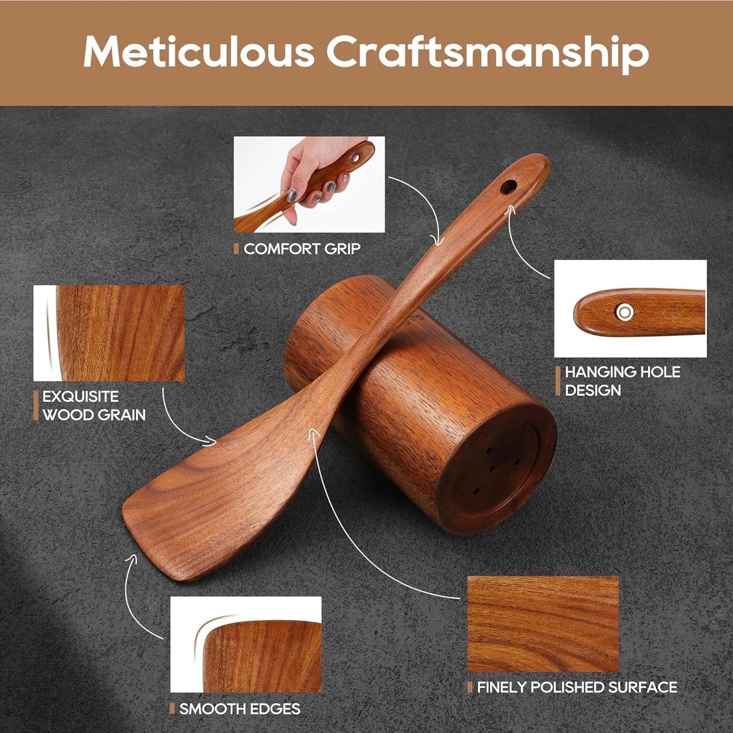 Teak Wooden Cooking Utensils Set, 10 Piece Premium Kitchen Cookware, Non-Scratch Wooden Spoons for Cooking, Perfect for