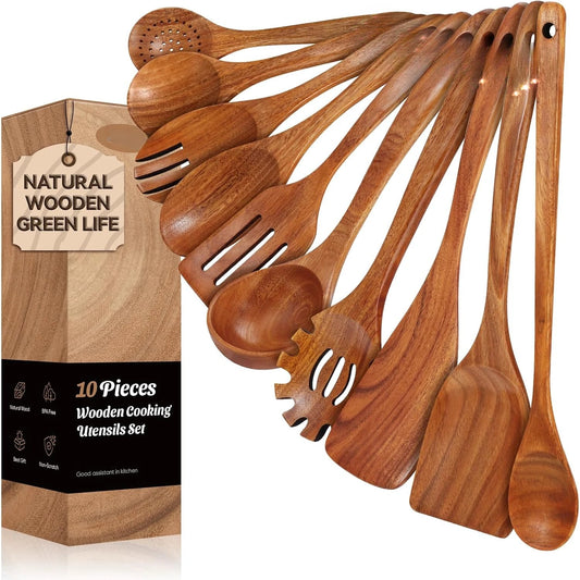 Teak Wooden Cooking Utensils Set, 10 Piece Premium Kitchen Cookware, Non-Scratch Wooden Spoons for Cooking, Perfect for
