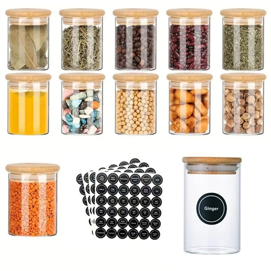 12 Pcs Round Spice Jars with Bamboo Lids and Stickers Glass Storage Jars