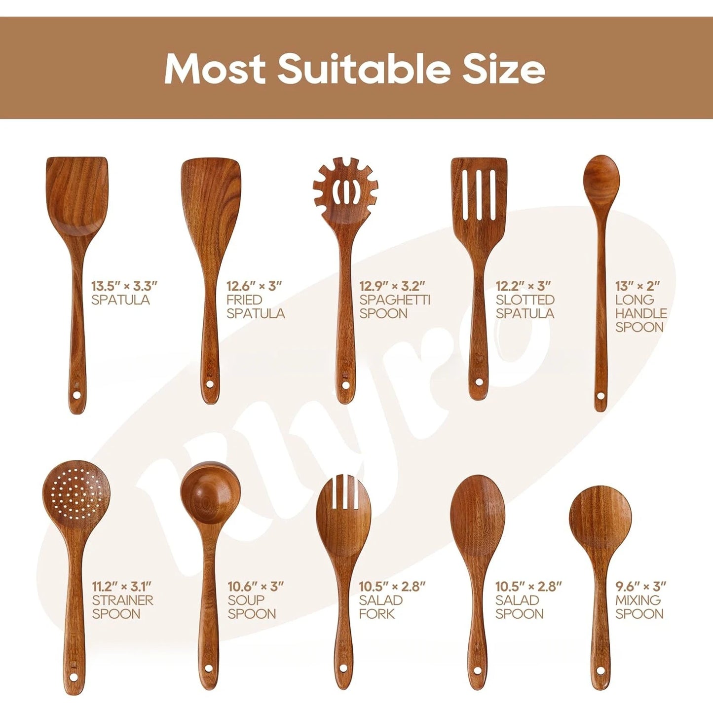 Teak Wooden Cooking Utensils Set, 10 Piece Premium Kitchen Cookware, Non-Scratch Wooden Spoons for Cooking, Perfect for