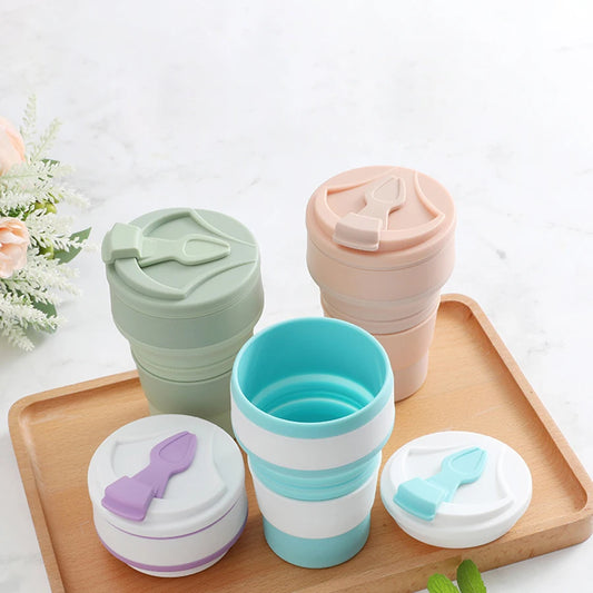 Silicone Food-Grade Folding Cup 350ml With Lid, Reusable Portable Hot - Coffee Cup, For Travel And Camping