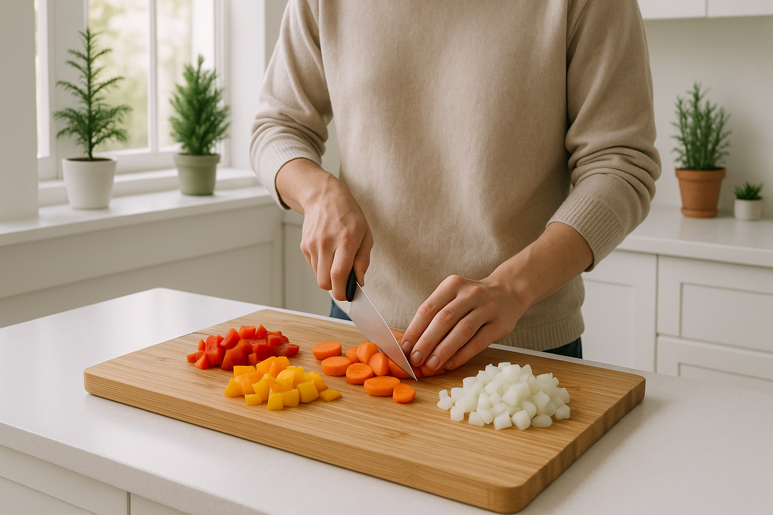 person cutting vegetables on bamboo cutting board evergreen decor in minimalistic kitchen